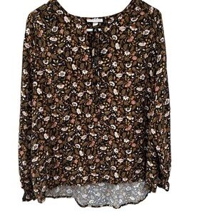 Knox Rose Womens Long-Sleeve Blouse Black Floral Tie-Neck Smocked-Cuffs sz Large